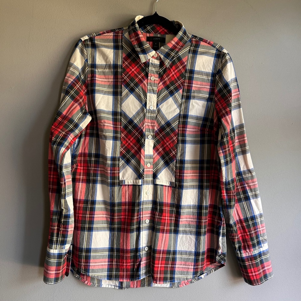 J.Crew Womens Plaid Cotton Bib Front Button Down Shirt Red Blue White Size 6